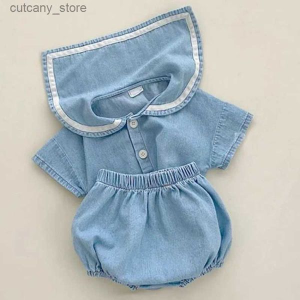 Tişörtler erkek bebek kız giysileri seti yaz gündelik denim üstleri takım elbise + kızlar için şort seti unisex küçük çocuklar bebek outifs giyim l240311