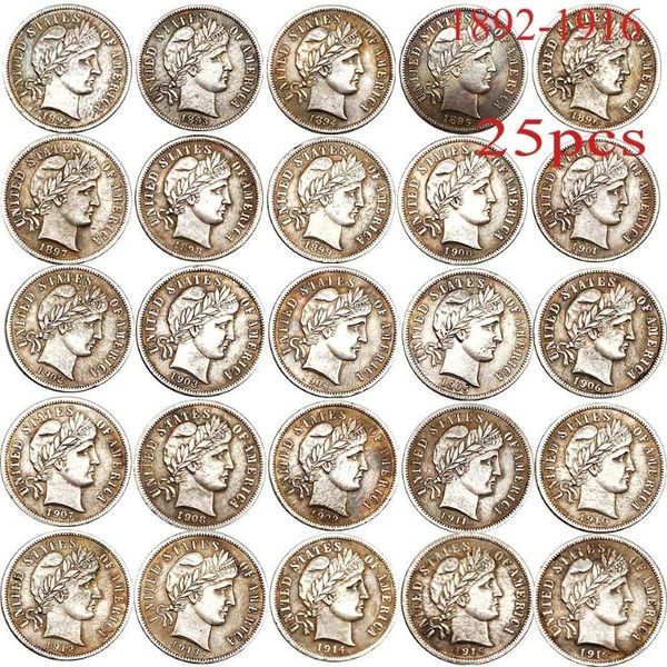 25 pezzi USA copia moneta 1892-1916 Barbiere Dime Anni diversi Monete d'argento placcatura in rame Set292H