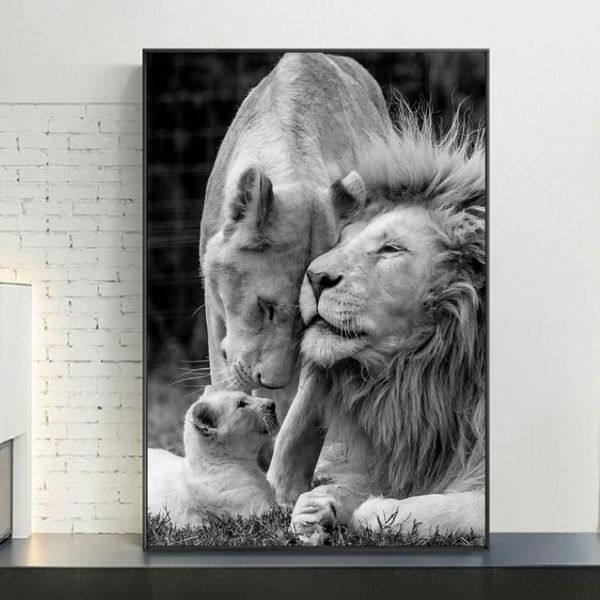 Leões africanos família preto e branco lona arte posters imprime pinturas de animais na parede fotos decoração de casa2982