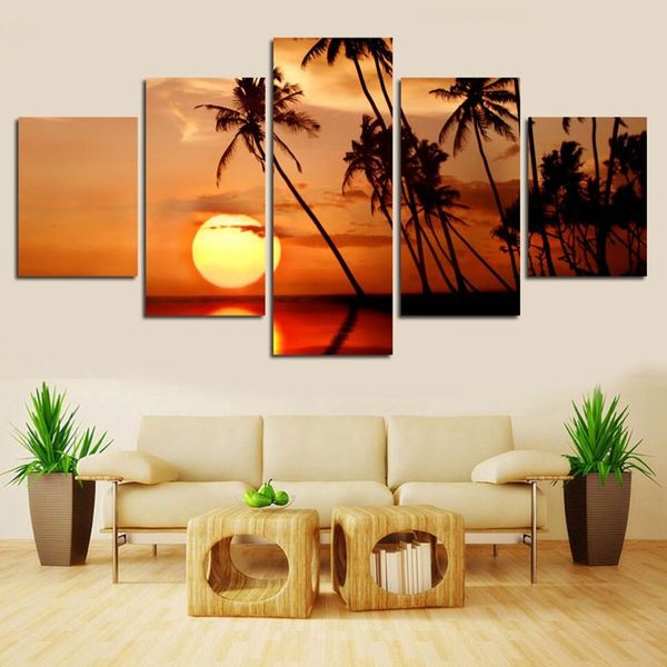 Wohnkultur HD-Drucke Bilder Leinwand Gemälde 5 Stück Sonnenuntergang Strand Welle Palmen Meereslandschaft Poster Schlafzimmer Wandkunst Kein Rahmen209I