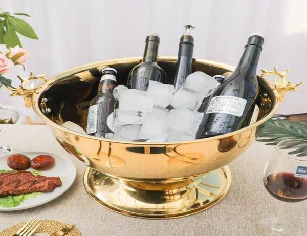 Racks de vinho de mesa 135l cabeça de cervo orelha champanhe tigela 304 aço inoxidável ouro prata grande balde de gelo tigela grande balde bacia 221124404143