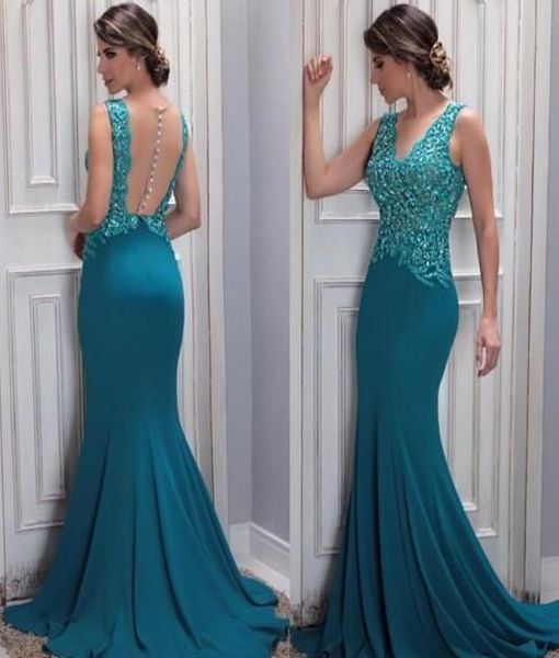 Teal azul bordado renda frisada vestido formal noite barato 2021 pura manga sereia vestido de baile paolo sebastian vestidos de noite8372202