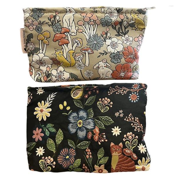 Sacos cosméticos de algodão com estampa fofa de grande capacidade Bolsa de higiene floral multifuncional para escola/viagens/compras e escritório