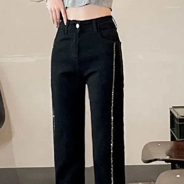Jeans femininos com fendas calças de perna reta tubo e capris calças cortadas para mulher bolsos strass preto cintura alta s
