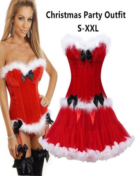 Halloween Kostüm Kleid Outfit Clubwear Damen039s Miss Santa Weißes Pelzbesatz Korsett Top mit Rüschen Tutu Rock Tanzkleidung Se4112410