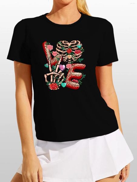 T-shirt da donna Retro Skull LOVE Lettera inglese T-shirt sportiva casual girocollo