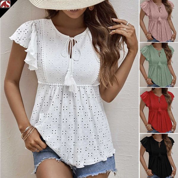 Elegante e elegante e elegante Camiseta feminina em V 2023 Verão Large Hollow Jacquard Fringe