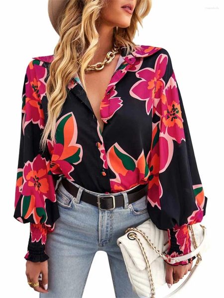 Mulheres camisetas Mulheres Button Up Camisa Contraste Cor Solta Casual Manga Longa Blusa Tops de Trabalho para Streetwear