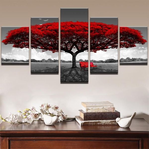 Lona modular hd imprime cartazes decoração de casa arte da parede fotos 5 peças arte da árvore vermelha cenário pinturas paisagem framework272j