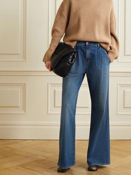 Jeans femininos mulheres cintura plissada design denim perna larga calças primavera 2024 senhoras all-match vintage reto