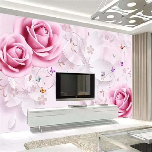 Sfondi personalizzati di qualsiasi dimensione 3d Carta da parati rosa fiore tridimensionale farfalla volante TV sfondo decorazione murale sfondi244h