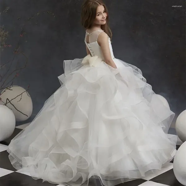 Abiti da ragazza fiore per matrimonio elegante bianco collo alto principessa bambini appliques in pizzo berretto da sera festa prima comunione abito da ballo