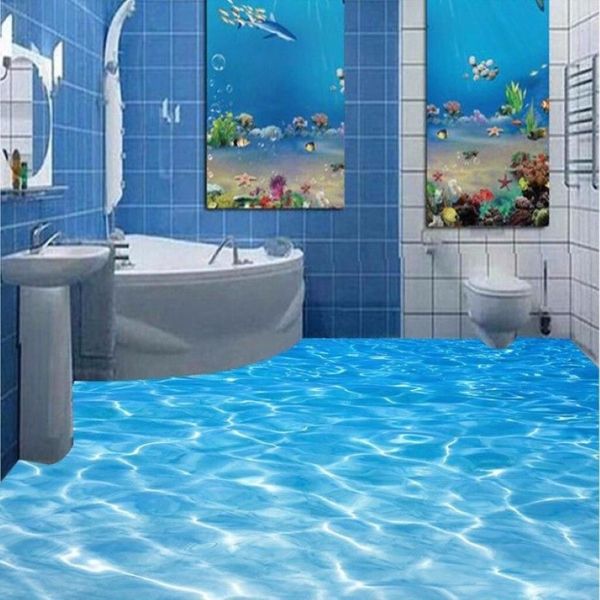 Moderno banheiro personalizado 3d piso mural ondulações de água do mar usar antiderrapante impermeável engrossado auto-adesivo pvc wallpaper2095