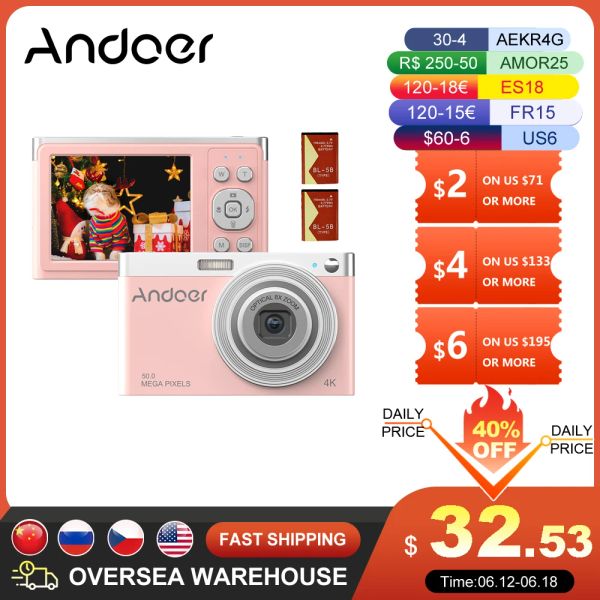 Connectores Andoer Câmera digital portátil 4K 50MP Vídeo Cameragem Auto Focus 16x Zoom Antishake Face Detect Flash embutido com baterias