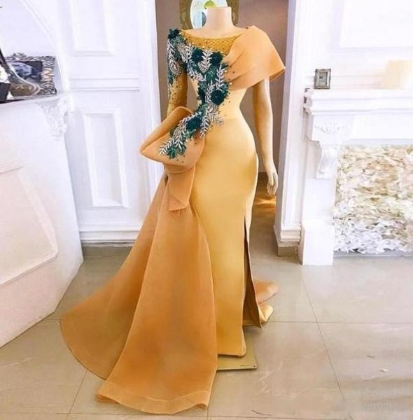 Gold One Shoulder Prom Kleider Scoop Applikationen Blumen Meerjungfrau Abendkleider Side Split Big Bow Dubai Formelle Partykleider4995282