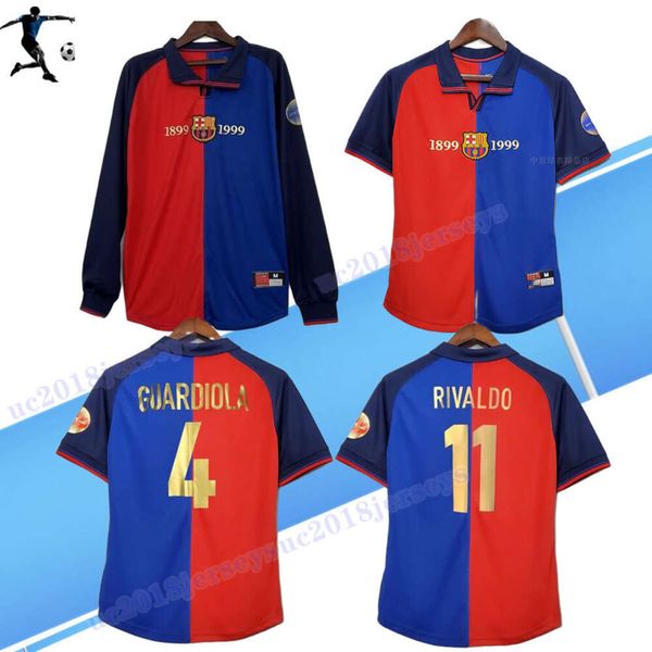 Manica lunga 1889 1999 RIVALDO # 11 Maglia da calcio retrò 100esimo GUARDIOLA PUYOL # 5 Xavi Henry David Villa Dettagli partita 99 Maglie da calcio classiche