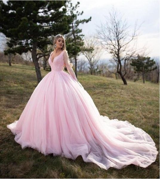 Bebek Pembe Mavi Quinceanera Elbiseler 2020 Dantel Uzun Kol Vneck Masquerade Top Elbiseler Tatlı 16 Prenses Pageant Elbise Kızlar İçin 9103363