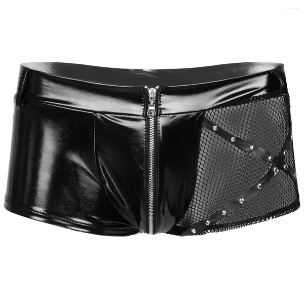 Unterhosen Männer Boxer Sexy Gay Undewear Shorts Wet Look Leder Männliche Hosen Boxershorts Hombre Fishnet Panels Doppelseitige Reißverschluss Kurze