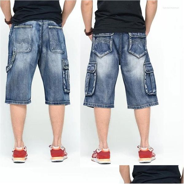 Jeans masculinos homens jeans muiti bolso joelho comprimento denim shorts para homens verão hip hop dança solta ajuste homem baggy carga jean tamanho grande dro dh67t