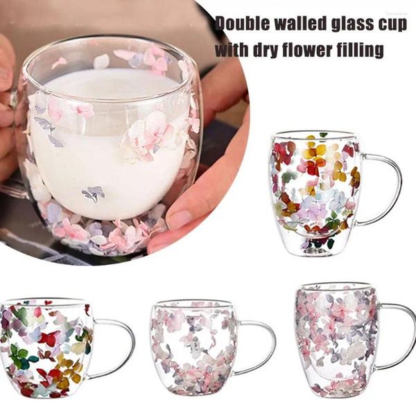 Copos de vinho copo de vidro de parede dupla copos de chá de enchimento de flores secas presentes com alças de café de borosilicato hi n8g1