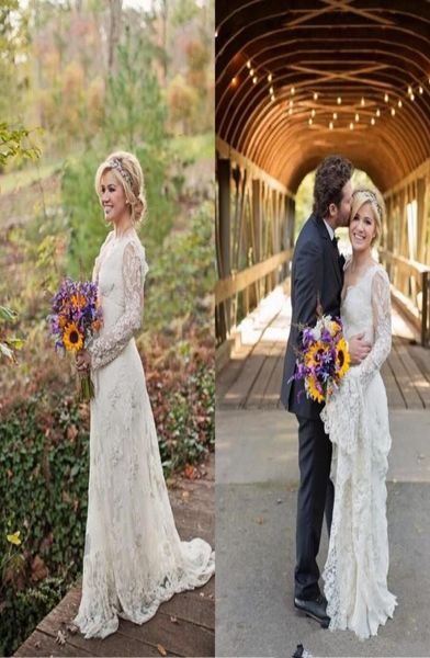 Impressionante Kelly Clarkson Country Vestidos de casamento Primavera mangas compridas frisadas Bohemian Lace Vestidos de casamento Plus Size Vestidos de noiva 2847063