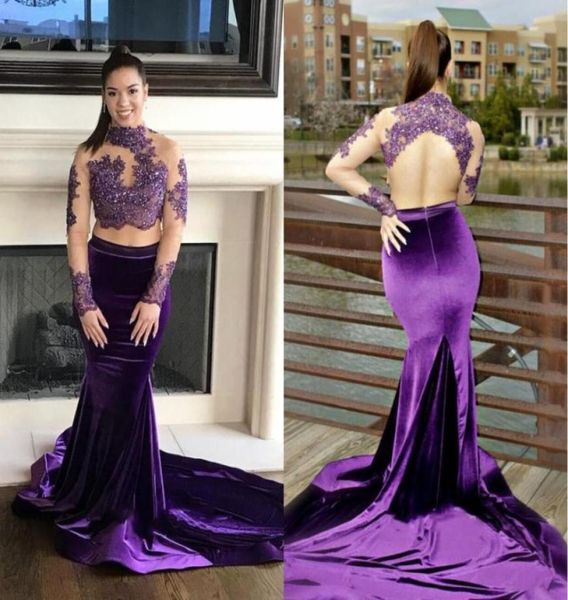 2019 duas peças roxo vestidos de baile alto pescoço frisado renda superior longo sereia mangas compridas veludo vestido de noite formal vestido de festa pl7357303