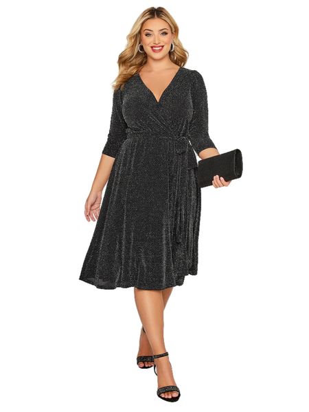 Plus Size Elegantes Frühlings-Herbst-Wickelkleid mit langen Ärmeln und schwarzem Glitzer-Cocktailpartykleid für formelle Abendausflüge 240311