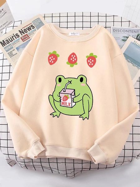 Hoodies das mulheres das mulheres moletom bonito sapo bebida morango leite chá impressão roupas senhora oversize moletom hip-hop kawaii animal fêmeas