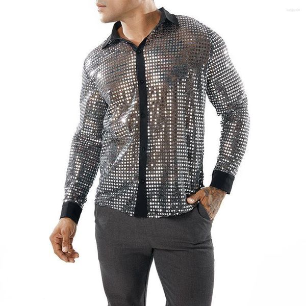 Camisas casuais masculinas brilhantes lantejoulas festa dança moda lapela colarinho manga longa retro 70s discoteca camisa tops roupas