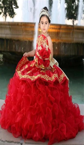 Wunderschöne rote Mädchen-Festzug-Kleider mit Rüschen und Applikationen, Blumenmädchenkleid für Hochzeiten, Kinder, Prinzessin, Geburtstag, Ballkleider2546207