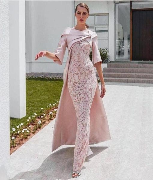 Abiti da sera sexy africani Dubai 2020 con mantella Blush Pink Lace Stain mezza manica formale occasione festa vestito da ballo7814318