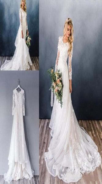 Simples aline país vestidos de casamento 2020 mangas compridas colher pescoço rendas apliques flores modestos vestidos de noiva5096540