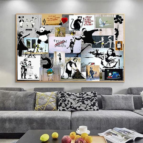 Banksy Graffiti Collage Art Pop Leinwand Malerei Poster und Drucke Cuadros Wandkunst für Wohnzimmer Home Decor251p