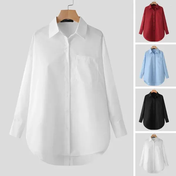 Kadın Bluzları Kadın Gömlek Geri Düğmeleri Tek Bravatalı Gevşek Bluz Yakası Uzun Kollu Yama Cep Leydi Üst Renkli Bölünmüş Hem