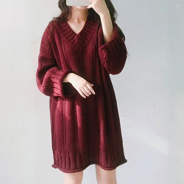 Vestidos casuais moda coreana camisola de malha vestido mulheres com decote em v cor sólida tricô manga longa camisa oversized algodão jumper