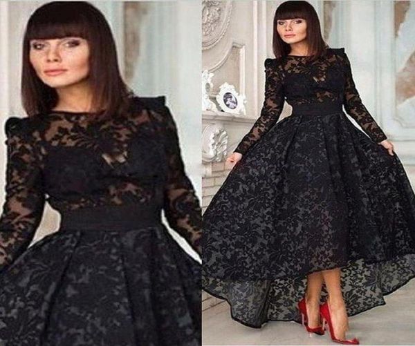 Новое Vestido Черное длинное трапециевидное элегантное вечернее платье для выпускного вечера с круглым вырезом и длинными рукавами Кружевное вечернее платье Hi Lo Платья для особых случаев Even3623017