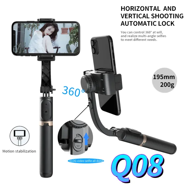 Gimbal Q08 Bluetooth Selfie Stick Phone Gimbal Stabilizzatore portatile Treppiede pieghevole allungabile con telecomando per Xiaomi Iphone