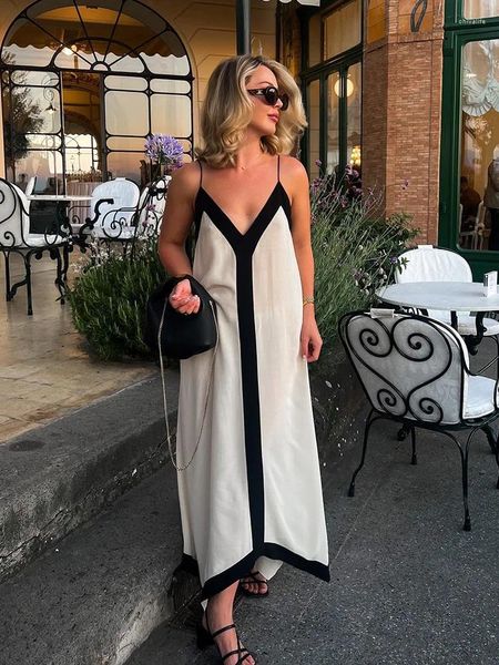 Casual Kleider Abend Party Frauen Kleid Elegante Swing Slip V-ausschnitt Sleveless Weiß Lange Weibliche Urlaub Patchwork Dame Backless Robe