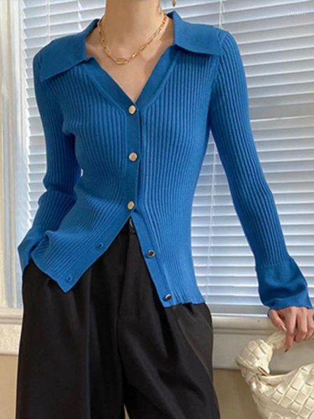 Frauen Strick Elegante Schwarz Blau Großen Revers Kragen Gestrickte Einreiher Pullover Langarm Strickwaren 2024 Frühling Winter X621