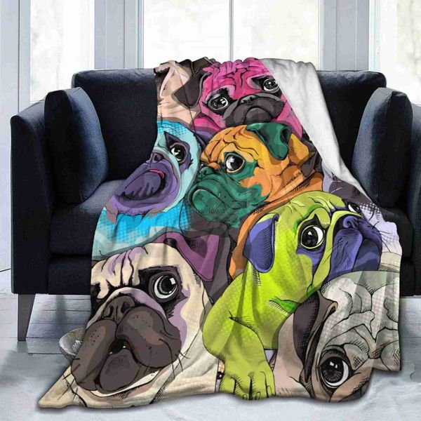 Decken, bunte Mops-Hunde, lustiger Welpe, flauschige Flanelldecke, Überwurf, superweicher, leichter Überwurf für Couch, Stuhl, Sofa, Bett