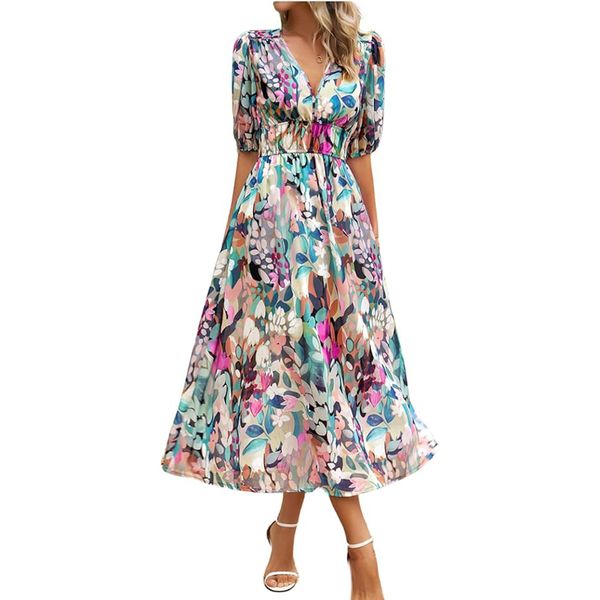 Mulheres casuais boho chiffon vestidos flowy sexy com decote em v manga curta império cintura vestido de verão smocked impressão floral vestido longo