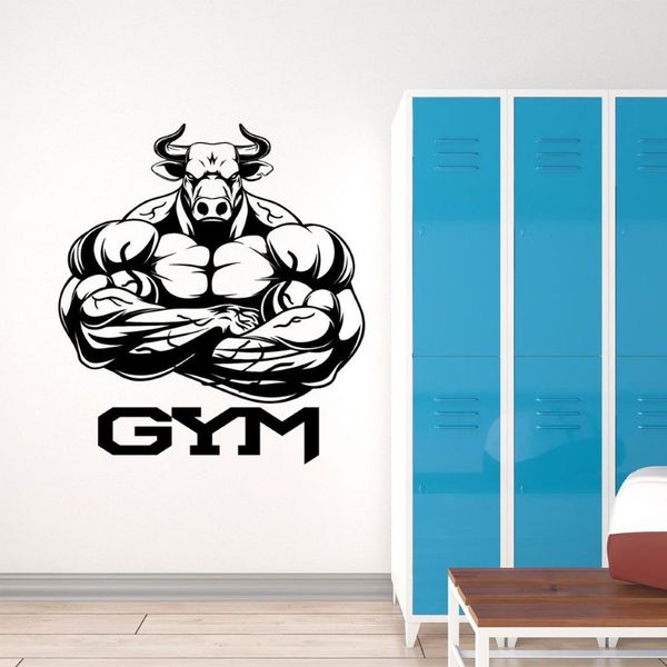 Logotipo do ginásio touro músculos fisiculturista adesivos de parede vinil decoração para casa ginásio clube fitness decalques removível auto-adesivo mural231v