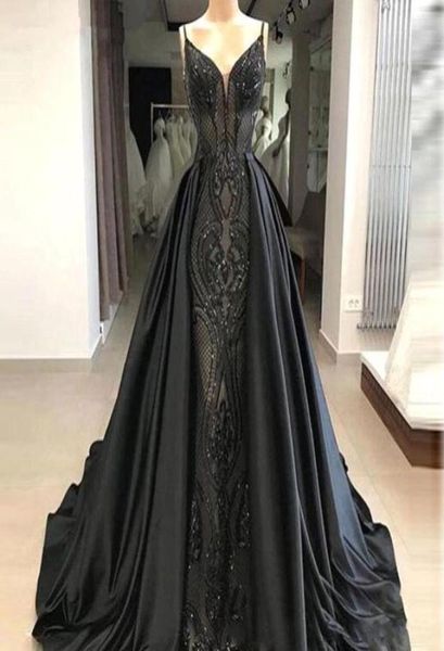 Preto longo vestidos de noite cintas de espaguete renda sereia cetim sobre saias até o chão festa formal vestidos de noite 4877148