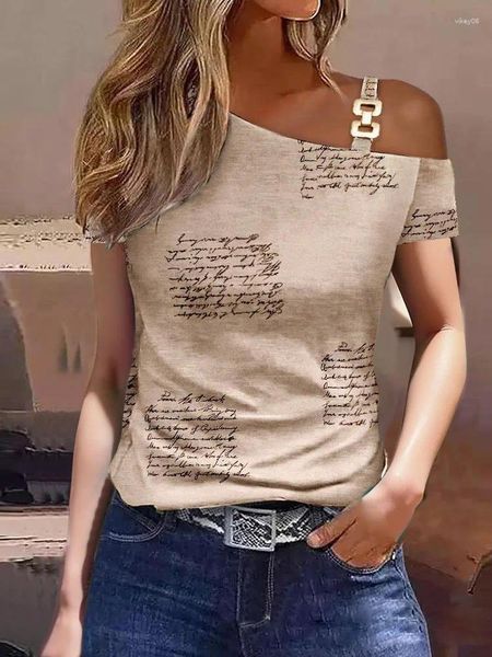 T-shirt da donna T-shirt casual Top Donna 2024 Moda estiva femminile Lamiere in metallo con spalle scoperte Slim All-Match Contrasto di colore