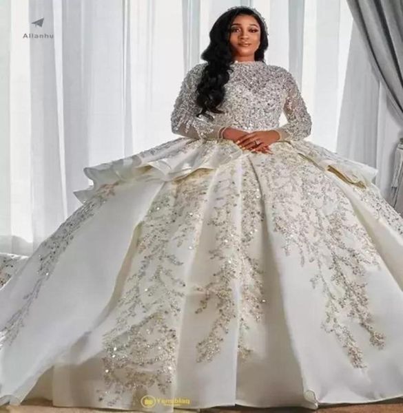 2023 Luxuriöse Brautkleider im arabischen Stil in A-Linie mit langen Ärmeln, Übergröße, geschwollene Schleppe, Prinzessin, glitzernde Pailletten, Brautparty-Kleider 5102450