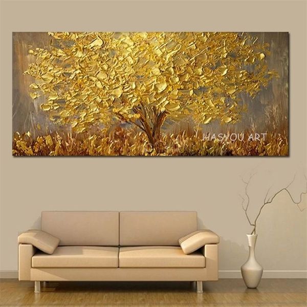 Handgemaltes LNIFE Goldener Baum Straßenbild-Ölgemälde auf Leinwand AbstractScenery Bilder Wandkunst Straßenlandschaftsgemälde T20257G