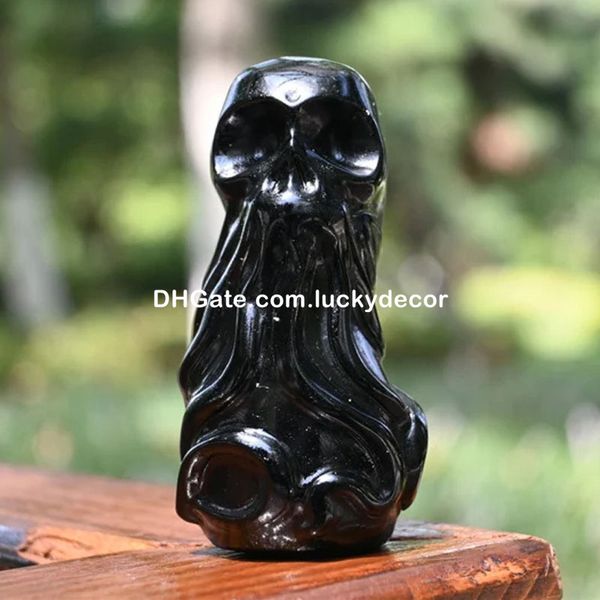 Natürlicher schwarzer Obsidian, Oktopus-Schädel, Kunstschnitzerei, Kristall, Reiki, Heilung, Mineralprobe, Schutz, Chakra, vulkanischer Glasstein, Meeresbewohner, Halloween-Geschenk-Dekoration