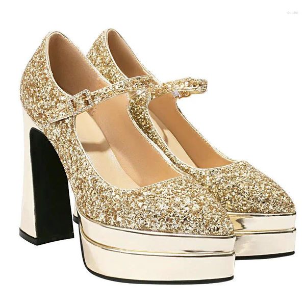 Sapatos de vestido Genuíno Couro de Pele de Carneiro Palmilha Chic Casamento Noiva Grosso Salto Alto Glitter Bling Plataforma Brilhante Mary Janes Bombas Saltos