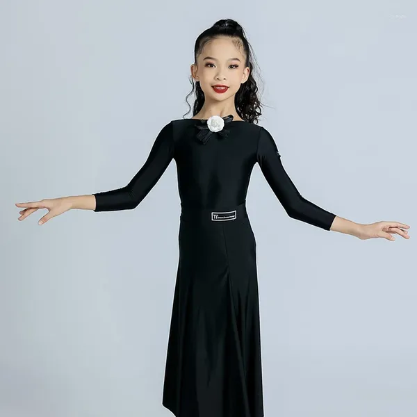 Palco desgaste 2024 trajes de desempenho de dança de salão para meninas preto manga comprida tops grande balanço saia terno latino moderno dn17342