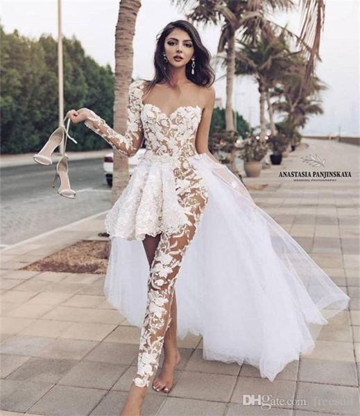 Сексуальный комбинезон свадебное платье со съемным шлейфом с длинными рукавами и аппликацией с рюшами Иллюзионное кружевное свадебное платье на заказ Robes De Mar8828377